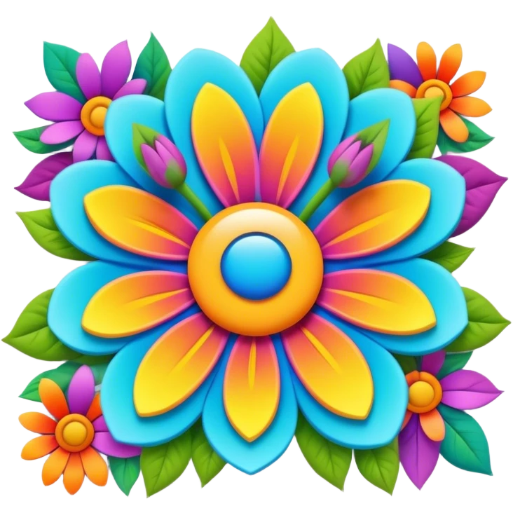 3D, psychedelic colored podtcard with hippie style flower border emoji