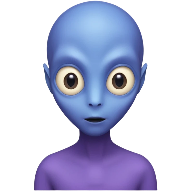 Portrait of an alien with smooth purple-blue skin, large black oval eyes, small nose, and no visible ears, elongated head, front-facing, wearing brown t-shirt, soft glow, simple futuristic design emoji
