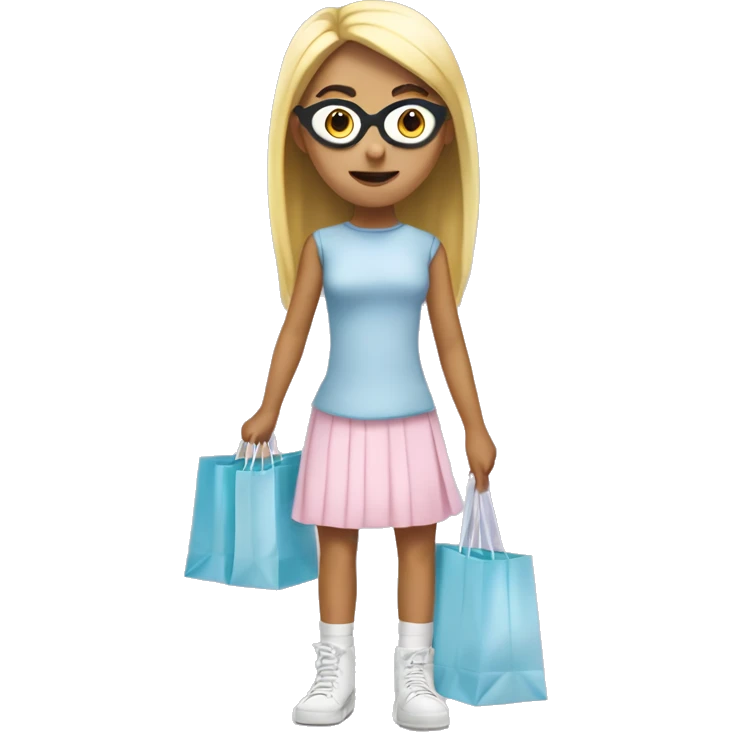 Despicable 4 character mega minion teenager with a white bow in hair and light pink skirt, eyelashes, and light blue shopping bag girl emoji
