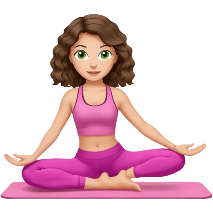 White, green-eyed, brunette cute feminine lady emoji with wavy hair doing pilates wearing pink pilates fit emoji