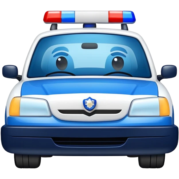 A blue and white police car with a friendly smiling face on the front emoji