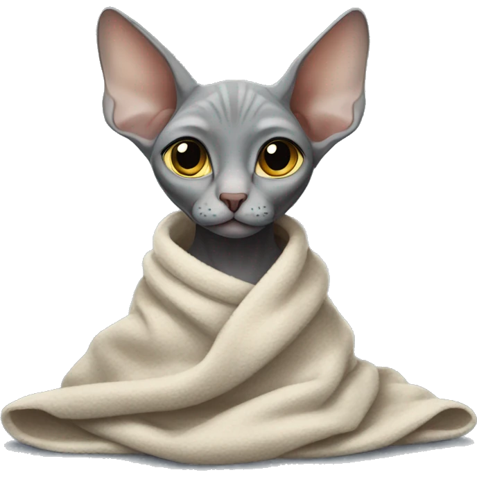 The grey sphinx cat sits wrapped in a blanket emoji