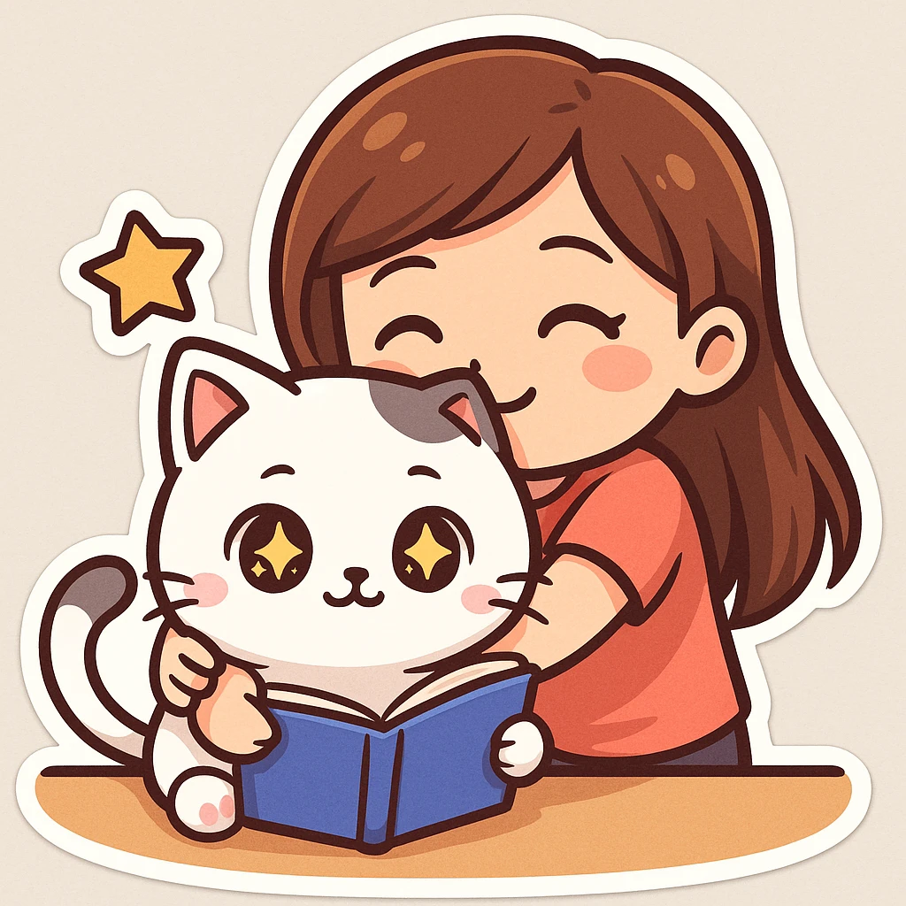 A kitten sitting at a table holding a book with stars in its eyes, and a girl hugging him from behind, sticker style. emoji