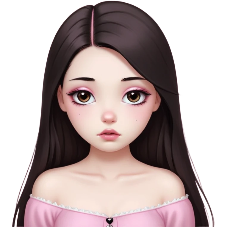girl with white skin, dark brown long realistic straight hair with middle part prominently falling in front of her body over her shoulders, very big pouty extra shiny lips with absolutely no cupid's bow, big round shiny eyes with black eyeballs and huge eyelashes, no eyeshadow, pink blush on cheeks, lighter button nose, very long oval-shaped face, wearing a pink off-shoulder top, looking directly at camera with hands down at sides emoji