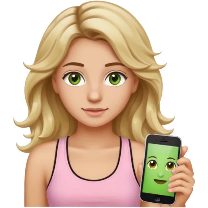 20-year-old girl with long wavy hair brown roots blonde highlights green eyes brown eyebrows good summer tan iPhone emoji style can you make her wear a light pink tank top emoji