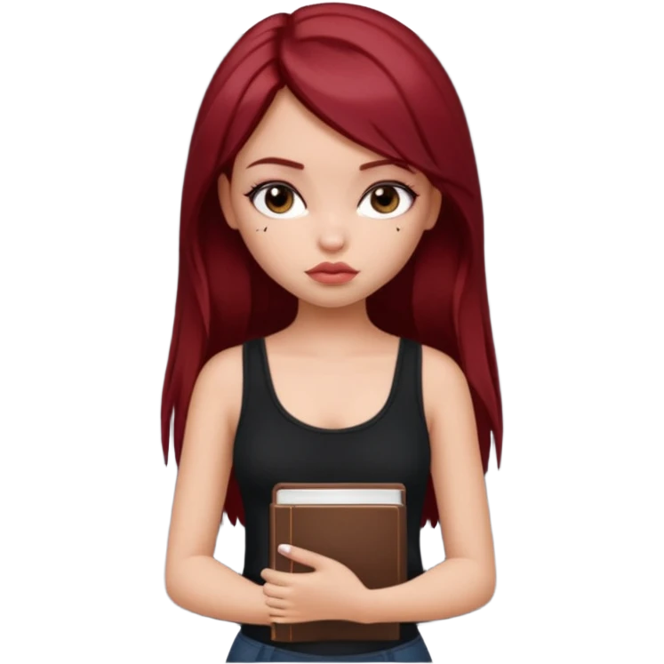 a pretty bratz fair girl with dark red straight hair, black cami top, looking sad holding books. looking sad emoji