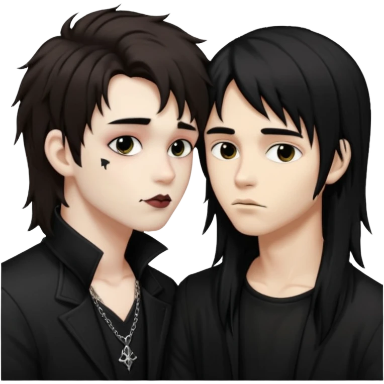 Goth Boys, one goth boy pale with shaggy brown hair and makeup, the other a goth boy tan with long black hair, kissing emoji
