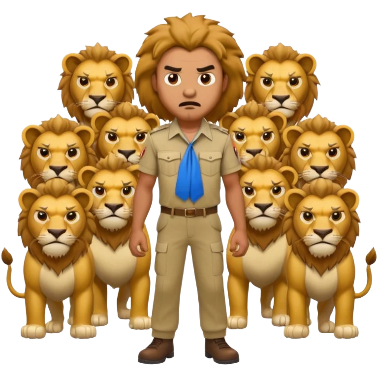 a stand man behind a group of  angry lions emoji