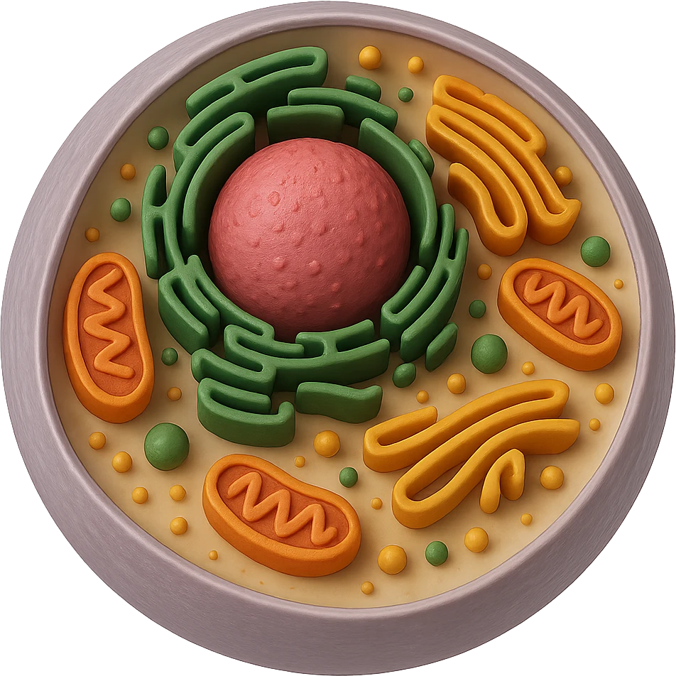 3D biological cell with visible organelles, different color palette, no background, in GPT Image style emoji