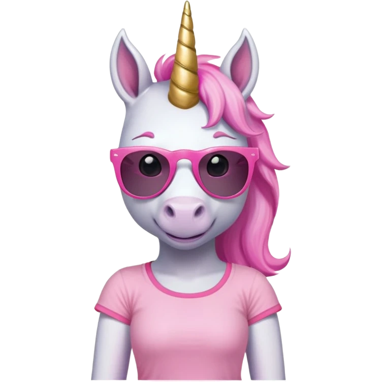 friendly anthropomorphised female unicorn with horse-like face, in tutu and pink t-shirt, wearing dark sunglasses, relaxed pose, close-crop head and shoulders portrait emoji