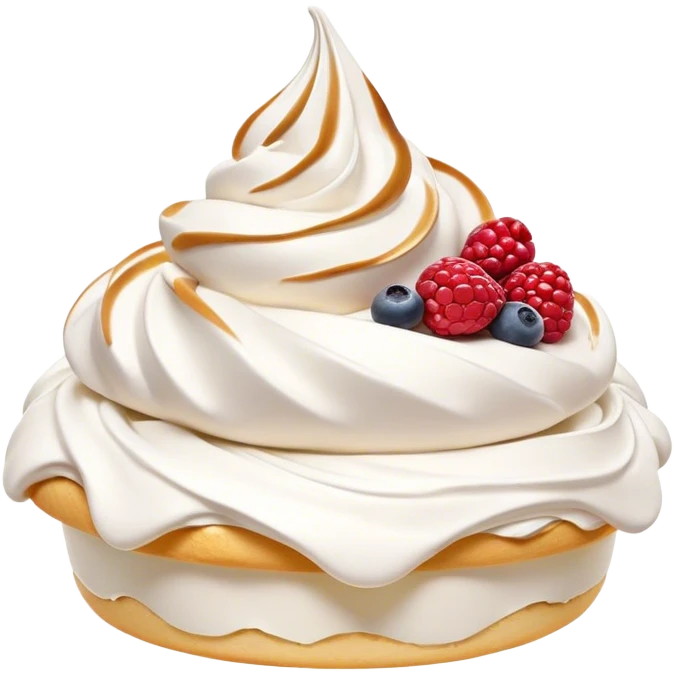 Cinematic Realistic Pavlova Dessert Emoji, showcasing a delicate meringue dessert topped with fresh fruit rendered with lifelike texture and soft natural lighting. emoji