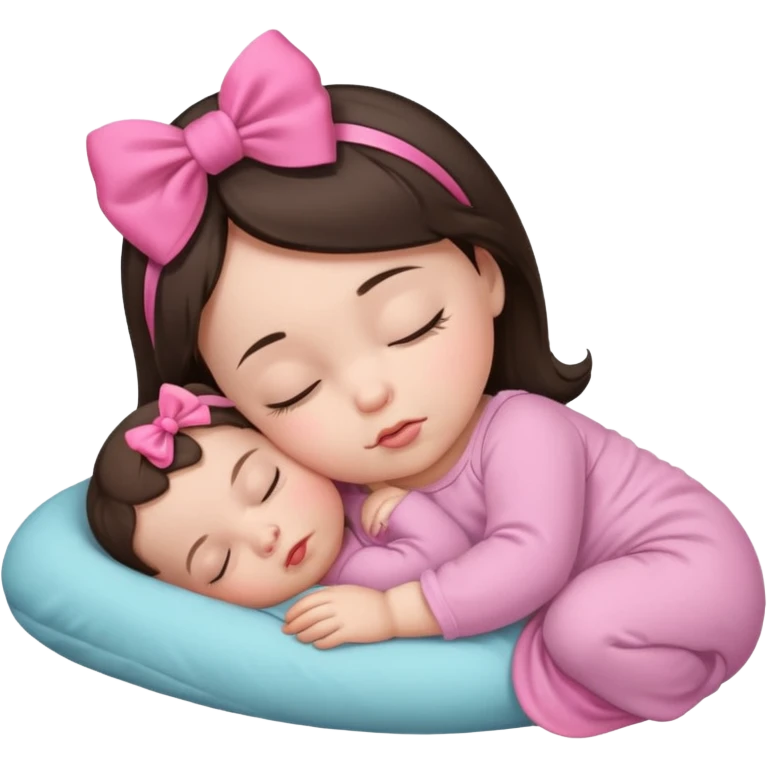 Brunette baby sleeping with pink bow emoji