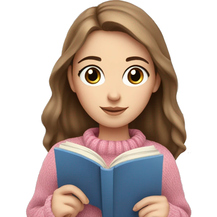 Pretty white girl with blue eyes and brown hair in pink cozy sweater reading book emoji