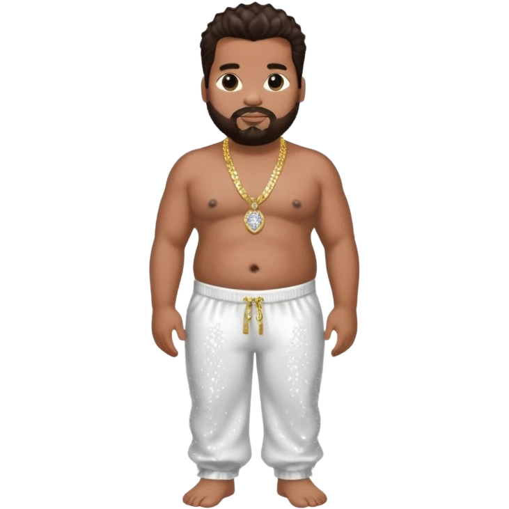 Fatman Scoop with dark brown hair, white sequin baggy pants, shirtless with necklace emoji