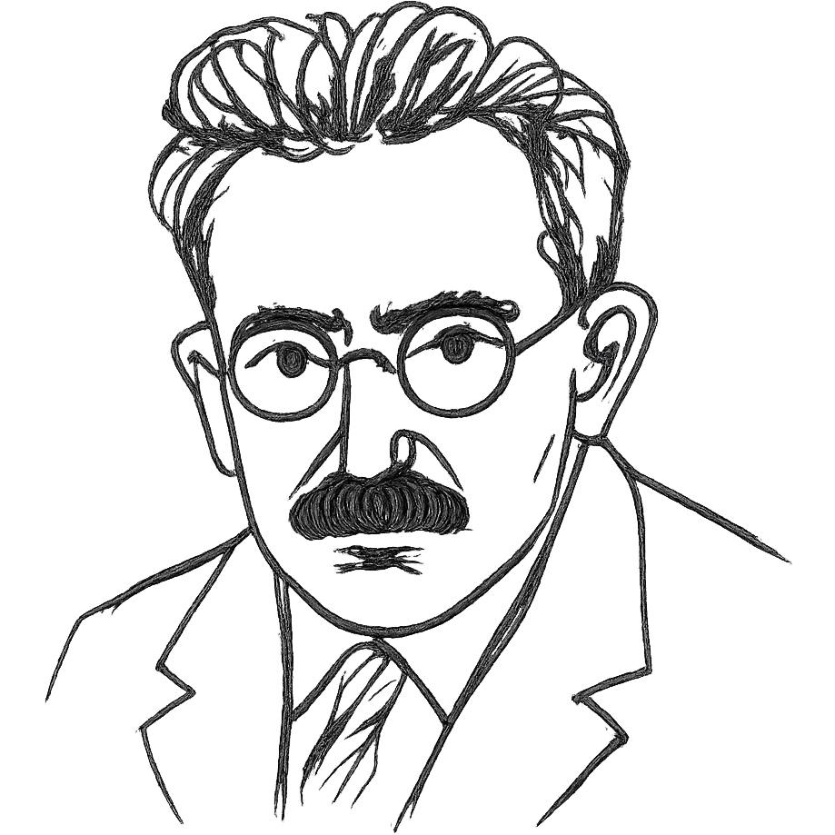 a hand drawn black outline portrait of Walter Benjamin with similar size eyes based a famous photograph of him emoji