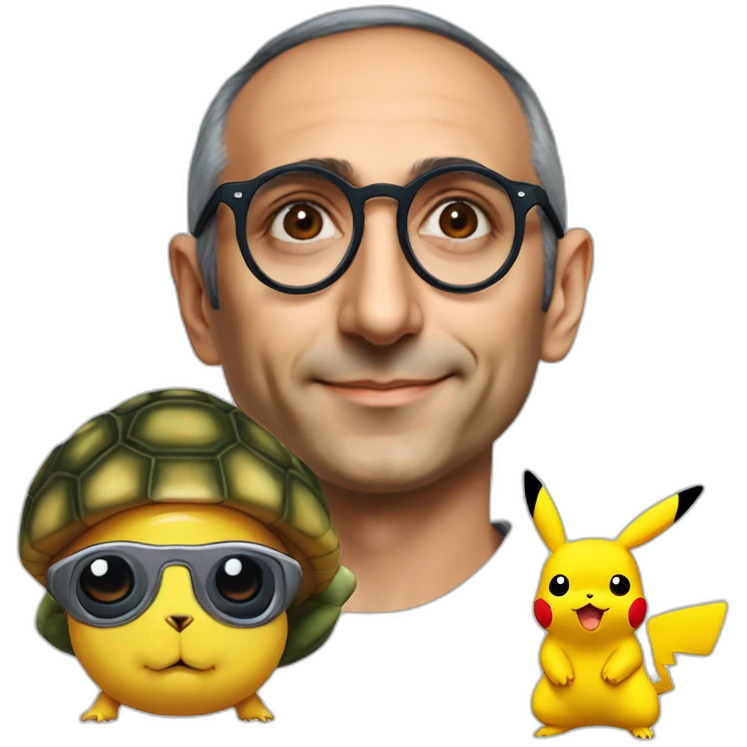 Eric Zemmour avec des lunettes de soleil sur une tortue géante et un Pikachu avec un canon emoji
