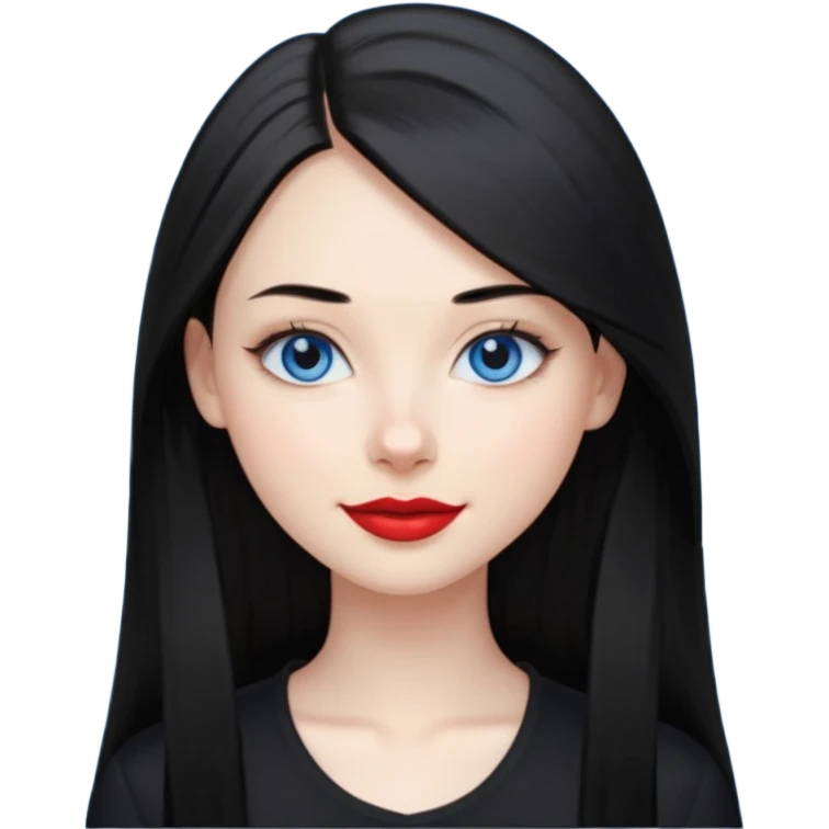 20 yr old woman long straight black hair, pale skin, blue eyes, red lipstick, black clothes, small smile emoji