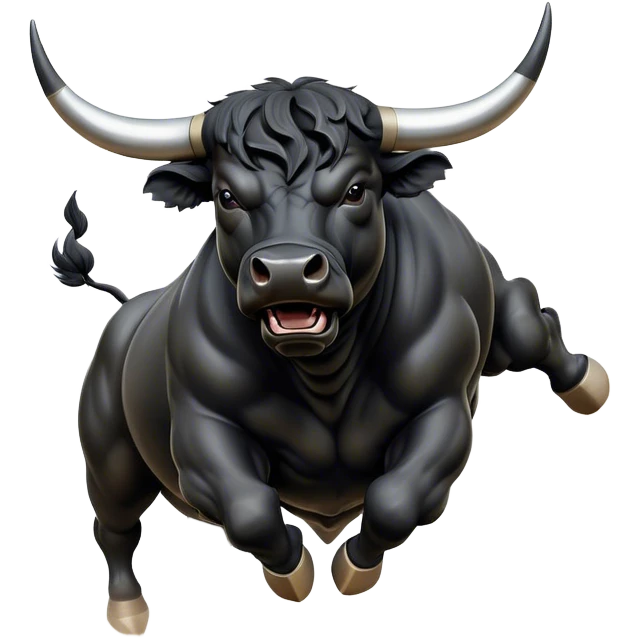 ​Cinematic Realistic Black Charging Bull, depicted in mid-charge with a powerful, muscular form and glossy black hide glistening under dynamic dramatic lighting, dust and motion captured mid-air to exude raw strength and unbridled energy on an expansive arena, emoji