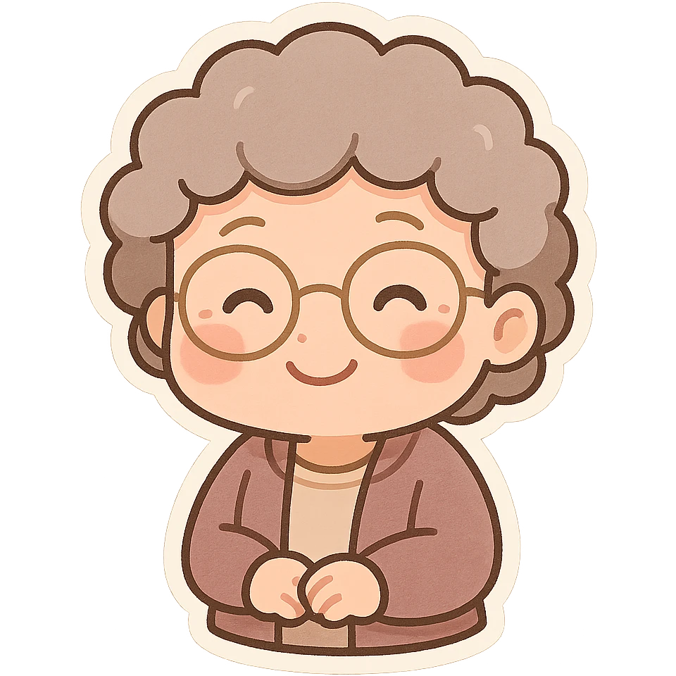 senior woman with glasses, curly hair, warm smile emoji