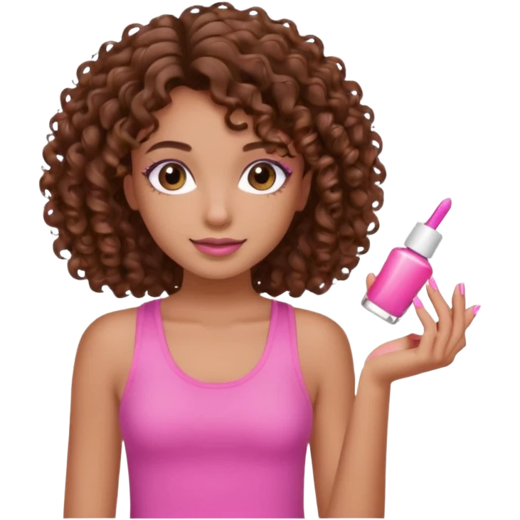 Uma menina com o cabelo cacheado é morena, e com uma regata rosa com unha em gel  emoji