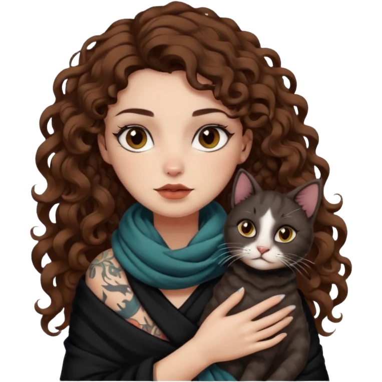 bust woman long curly brown hair brown eyes white skin tattoos with black cat wrapped around shoulders like scarf emoji