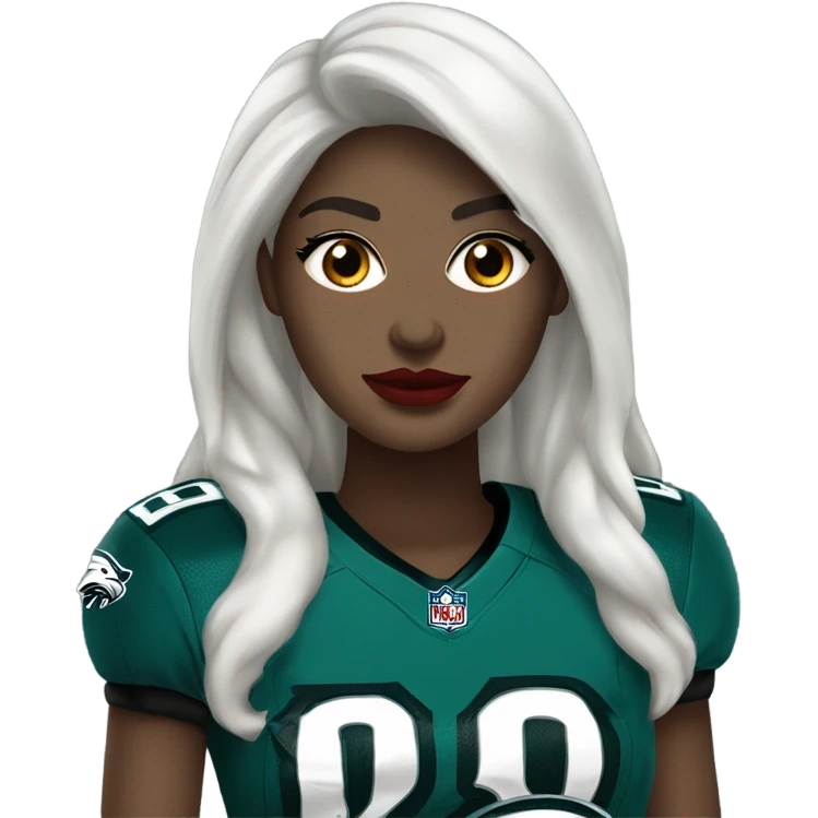 White female long dark hair red lips wearing Philadelphia Eagles jersey emoji