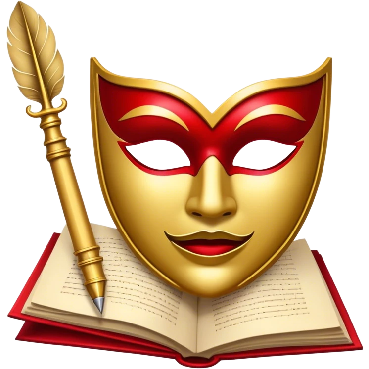 Create a bold and dramatic emoji representing the art of playwriting. The design should feature an open script or a theater playbook, with stylized text lines or dramatic dialogue inside. Include elements like a theatrical mask (comedy or tragedy), a stage spotlight, or a quill to symbolize creativity and performance. Use deep, contrasting colors like red, black, and gold to evoke the intensity and passion of drama. The overall design should feel dramatic, inspiring, and artistic. Make the background transparent. emoji