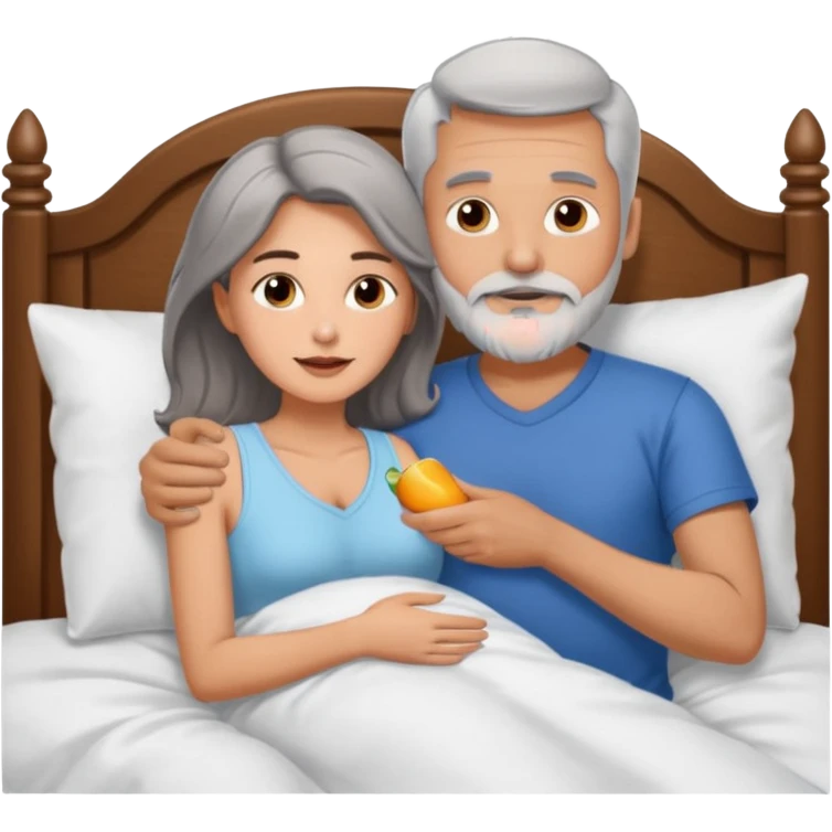 Man with grey hair and beard, and beautiful brunette woman spooning in bed emoji