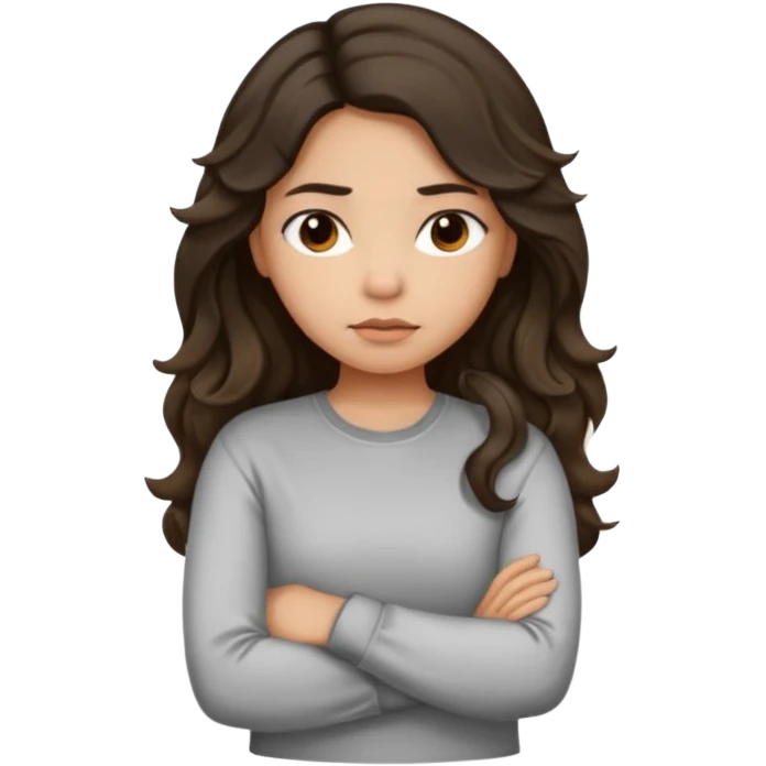 Hispanic light tan girl with long dark wavy hair slightly pouting and arms crossed. Wearing a long sleeve. Hair with middle part. emoji
