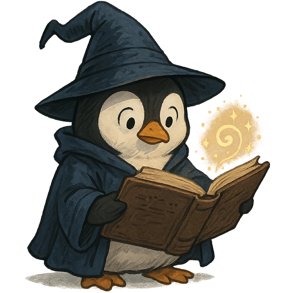 penguin wizard reading a spellbook emoji