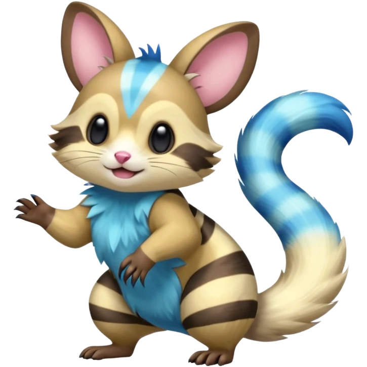 Neon-yellow and neon-cobalt-blue- and cyan-gradients-striped Furret-Emolga-Genet-Cacomistl-hybrid-fusion (full body) emoji