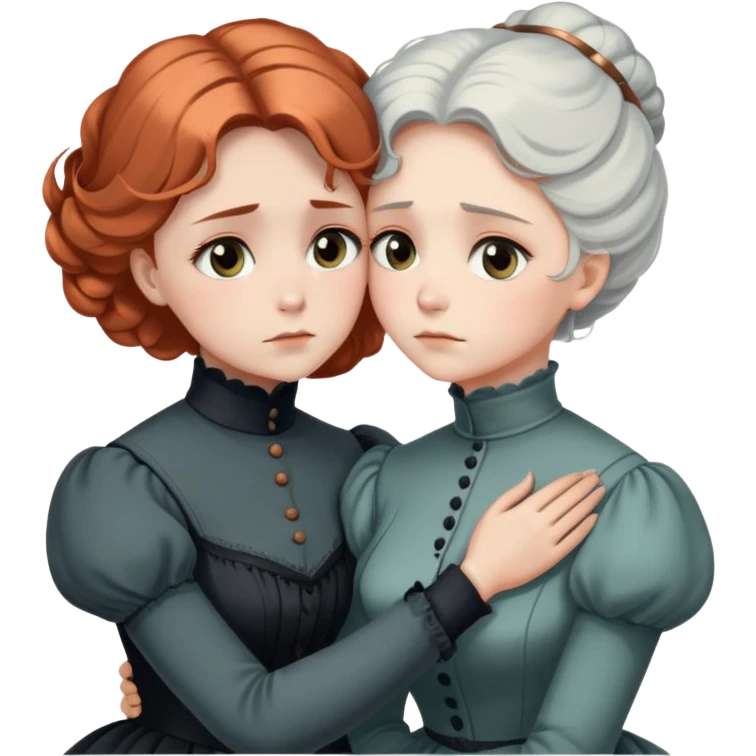 Two Victorian women in a sad intimate hug, one with white coiffed hair and one with copper coiffed hair, both with grey eyes, wearing Victorian turtleneck dresses emoji