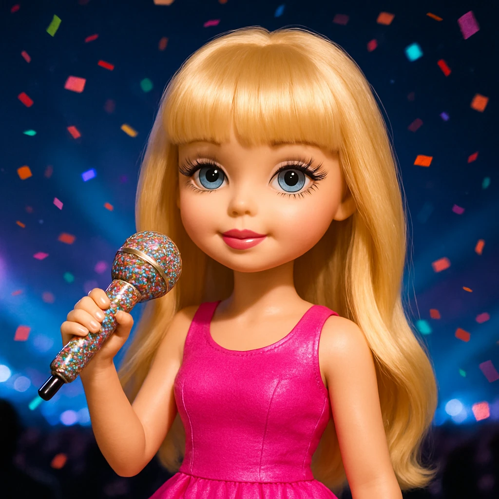 Pretty and girly Blonde pop star with bangs, holding a bedazzled microphone, reimagined as a doll, with a nighttime concert backdrop with colorful confetti emoji