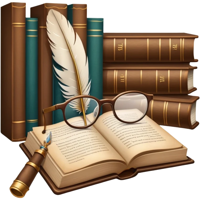 An icon featuring an open book with classic text, a feather quill, and reading glasses, symbolizing literary studies. The design includes old library shelves and vintage manuscripts in the background. Transparent background emphasizes the deep analysis of written works and literary history. emoji