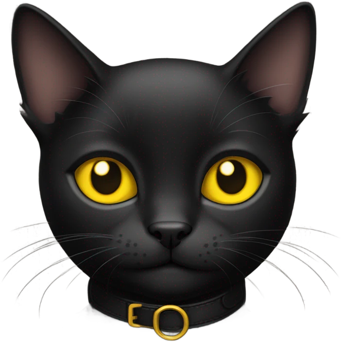 a black cat with bright yellow eyes and a collar with the name kai on it emoji