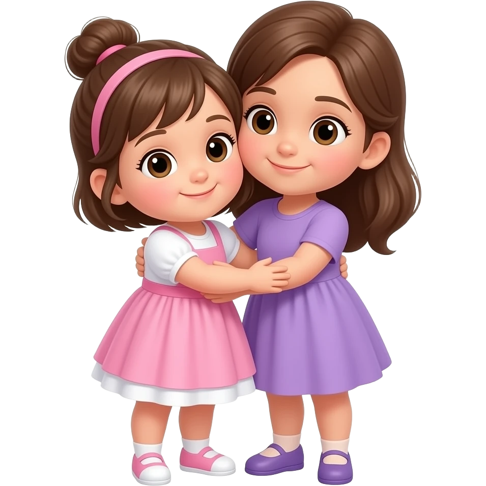 Niña de 1 año y 8 meses, de cuerpo completo, ojos cafés claros con cabello castaño, vestido rosa con blanco y cabello corto recogido en un chongo. Otra niña de 5 años con vestido lila, cabello castaño y ojos café claro, de cuerpo completo, ambas abrazadas. emoji