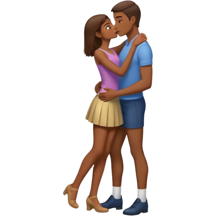 A naked girl with brown hair and bare small breasts openly kisses a tall guy with brown hair full-length on the lips. she is with naked boobs She is wearing a very short skirt and is in full height.she also all naked boobs She holds the man by the neck and has one leg raised and he holds that leg. emoji