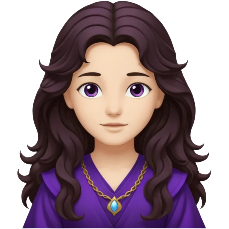 Libera from Olympus Gods with long dark brown wavy hair, deep purple tunic emoji
