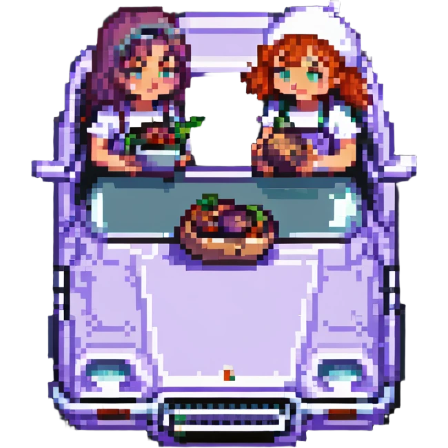two girls eating an aubergine on the hood of a car, pixel art style emoji