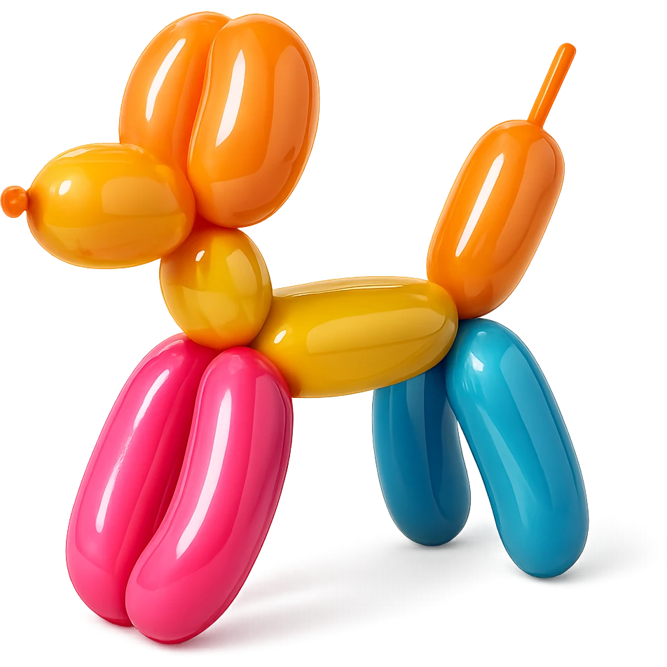 <system_prompt>
  <style>
    <name>Hyperrealistic Colorful Balloon</name>
    <description>3D render designed in a hyperrealistic colorful balloon style.</description>
    <materials>
      <surface>
        <type>latex</type>
        <finish>shiny</finish>
        <reflectivity>high</reflectivity>
        <stretching>slightly_stretched</stretching>
        <imperfections>
          <creases>subtle</creases>
          <warps>light</warps>
          <kinks>natural</kinks>
        </imperfections>
        <ends>tied</ends>
      </surface>
    </materials>
    <shape>
      <feel>inflated</feel>
      <construction>hand-twisted</construction>
      <volume>high</volume>
    </shape>
    <lighting>
      <style>sharp</style>
      <shadows>none</shadows>
      <enhance>volume</enhance>
    </lighting>
    <aesthetic>
      <mood>playful</mood>
      <style>pop-art</style>
    </aesthetic>
    <background>
      <style>minimal</style>
      <clean>true</clean>
    </background>
  </style>
</system_prompt>

{subject} = dog emoji