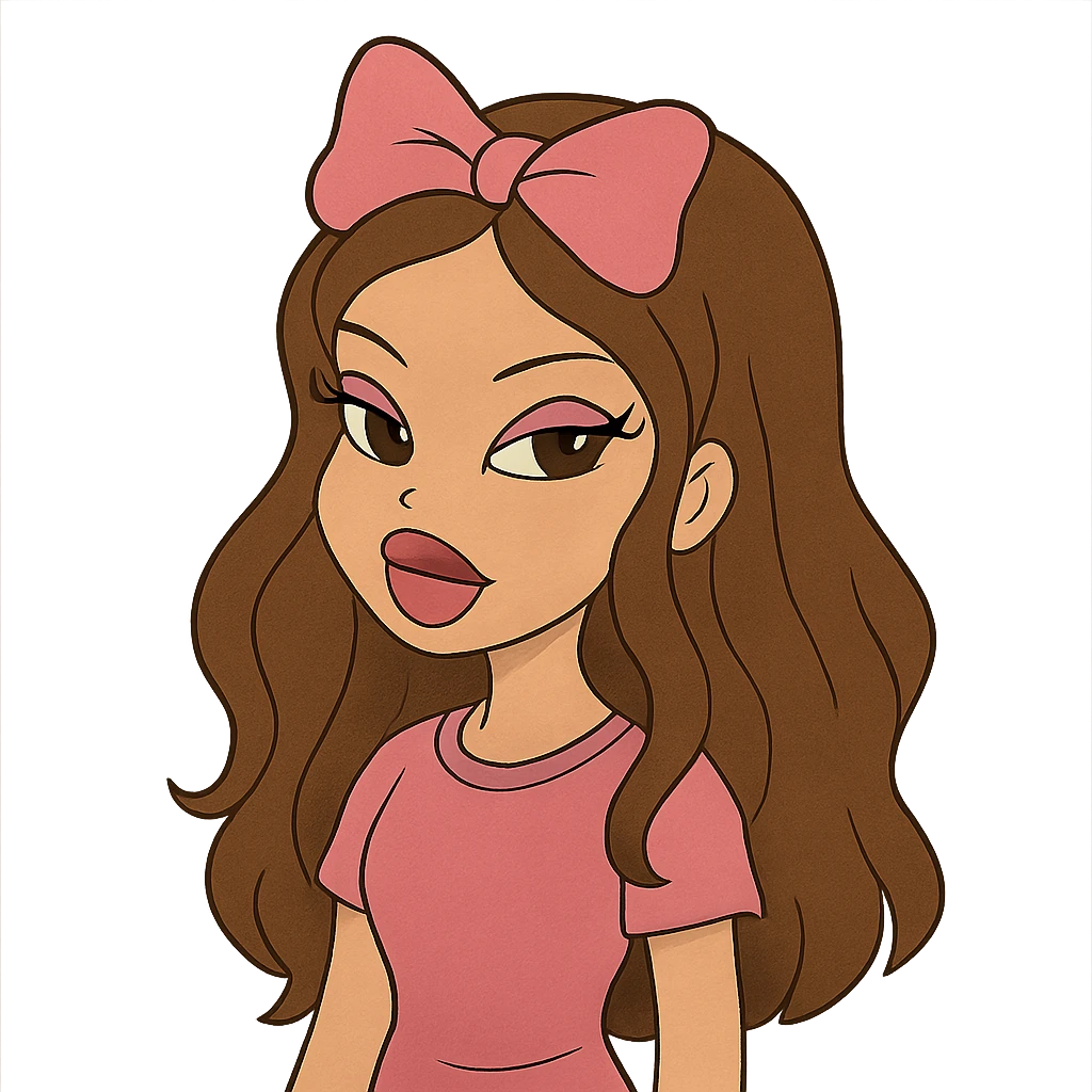Bratz-inspired girl with brown hair and a pink bow emoji