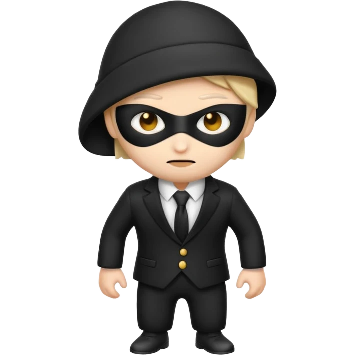thief emoji wearing a black and white suit, sneaky expression emoji