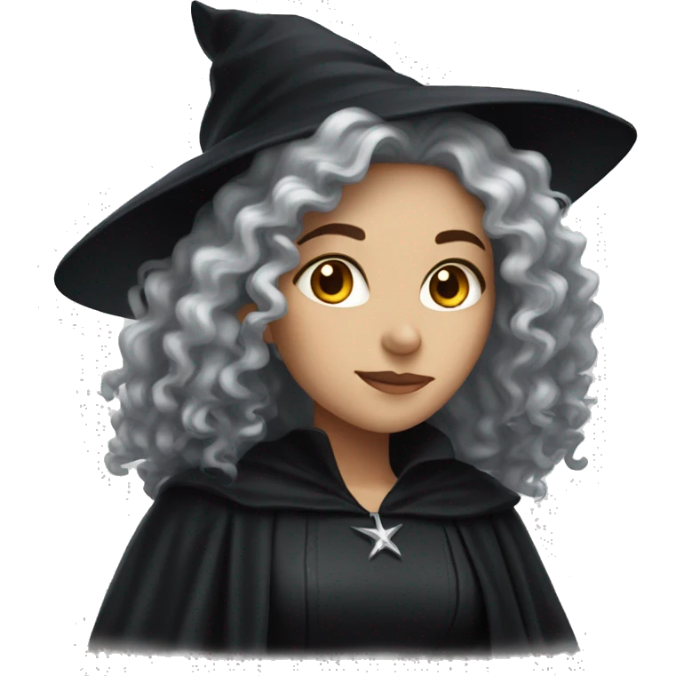 white women with long dark curly hair and a black witch costume emoji