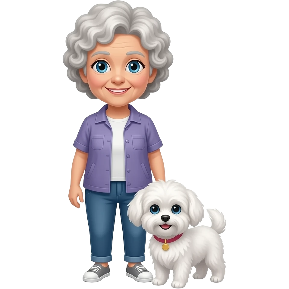 Elder woman curly hair blue eyes standig with a white Maltese dog emoji