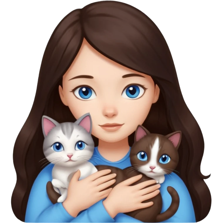 a pretty girl with long dark 
brown hair, with blue eyes, hugs 3 different natural coloured small cats emoji