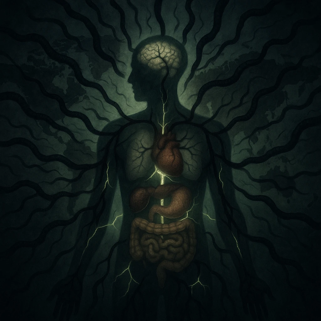 semi-realistic, high contrast lighting, moody and allegorical medical-fantasy atmosphere; surreal scene with dark, worm-like forms radiating from a single, semi-transparent human silhouette at the center, branching into every organ including brain, heart, gut, joints; the forms extend outward into a faint world map background suggesting global impact; the body and map are divided by glowing cracks where the parasites penetrate, with a sickly green mist seeping from every fissure emoji