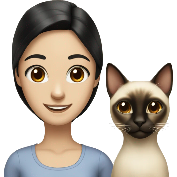Siamese cat with a girl with black hair and brown eyes smiling emoji