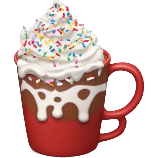 Red mug of hot chocolate with whipped cream and sprinkles   emoji