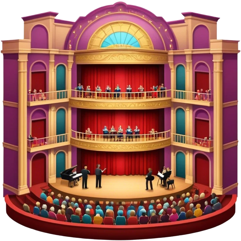 An icon depicting a theater stage with actors performing a play, illuminated by dramatic lighting. The audience watches from colorful balconies, while an orchestra plays in the pit, creating an immersive atmosphere. transparent background. emoji