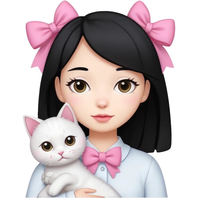 A gurl black hair with pink bow holding one white cat emoji